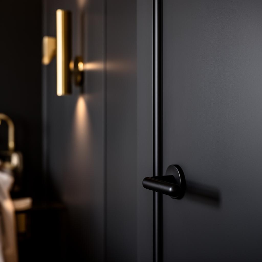 Detailshot van mat zwart deurbeslag in donker luxe interieur