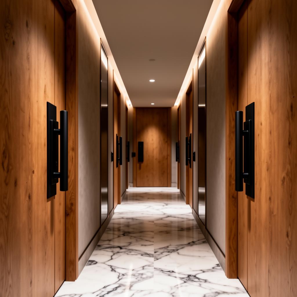 Hotel chic hallway met mat zwarte deurhendels op eikenhouten deuren